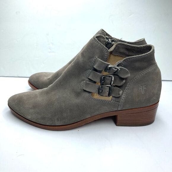 Frye Ray Belted STO Grey Suede Bootie Triple Buckle 9 M Boho Western Boots - Picture 3 of 16